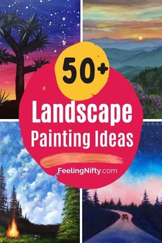 the words 50 landscape painting ideas are shown in four different pictures with trees and mountains