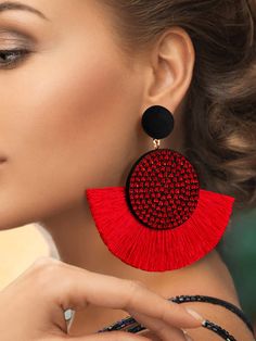 Red Vacation   Polyester  Dangle Embellished   Jewelry Shiny Earrings, Ankara Designs, Tassel Drop Earrings, Red Earrings, Black Feathers, Round Decor, Red Rhinestone, Rhinestone Bead, Fabric Jewelry