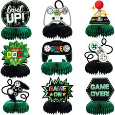 an assortment of game over badges and pinatas for games on the nintendo wii