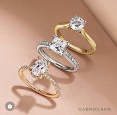 three different rings with diamonds on them and the words gabril & co written below