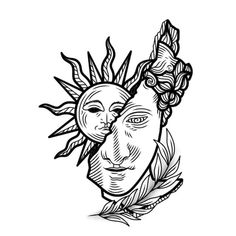 a drawing of the face of a woman with sunflowers on her head, in black and white