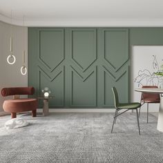 a living room with green walls, chairs and a rug on the floor in front of it