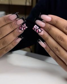 Nail Ideas Black And Pink, Pink Black White Nails, Nail Ideas Acrylic Pink, Kaws Nail Set, Line French Nails, Pink Kaws Nails, Pink And Black Nails Acrylic, Nail Sets Acrylic, Simple Birthday Nails