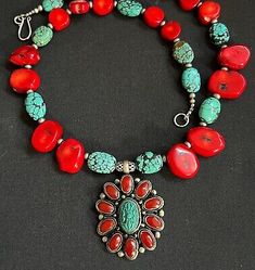 Nepalese Tibetan Blue turquoise & Red Coral pendant w/ Veined Turquoise Necklace | eBay Handmade Red Turquoise Necklace For Jewelry Making, Southwestern Style Red Necklace For Gift, Handmade Red Turquoise Necklace As Gift, Red Southwestern Turquoise Necklace For Gift, Handmade Red Artisan Turquoise Necklace, Bohemian Turquoise Necklace With Red Coral, Handmade Turquoise Necklace With Red Coral, Handmade Multicolor Turquoise Amulet Necklace, Bohemian Hand-strung Red Coral Necklaces