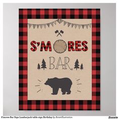 a sign that says s'mores bar with a bear in the center and trees on