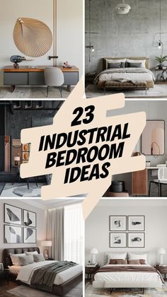 there are many different pictures with the words industrial bedroom ideas on them in black and white