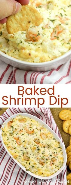 baked shrimp dip in a white bowl with crackers on the side and another photo of baked shrimp dip