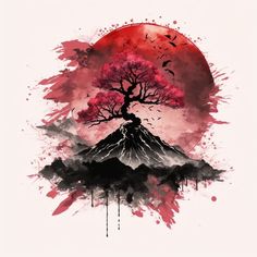 a painting of a tree on top of a mountain