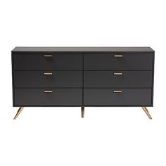 a black dresser with gold handles and drawers on the bottom, against a white background