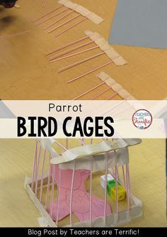 the bird cage is made out of pops sticks and plastic construction paper with scissors in it