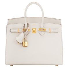 Hermes Birkin 25cm Sellier Craie Off White Cream Epsom Gold Do not miss this perfect little jewel - the only Birkin you need day and night, all four seasons! Brand New in Box. Store Fresh. Pristine Condition (with plastic on hardware) Perfect gift! Comes in full set with clochette, lock, keys, raincoat, dust bag, and Hermes box. Craie is the most coveted and incredibly gorgeous off white or cream color that is uber chic and goes with every color. Ideal with all manners of beige, brown, black, wh Hermes Birkin Bag 25, Birkin Purse, Birken Bag, Hermes Store, Hermes Kelly Bag, Hot Bags, Cream Bags, Hermes Birkin 25, Beige Bag