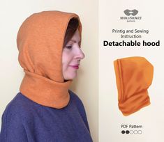 a woman wearing an orange hood and blue shirt with the text, print and sewing instruction detachable hood