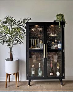 a black cabinet with wine glasses and bottles in it next to a potted plant