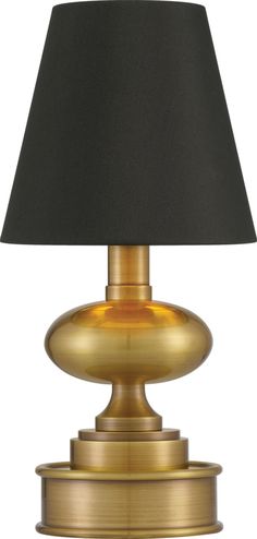 Brass Finish Black Shantung Shade Measures 6 inches wide, 12 inches tall, 6 inches deep Oversize item Uses 1 2.8w Rechargeable Replaceable LED bulb(s) (included) 250 Lumens Color Temperature: 2700K Dimming: Yes Battery Operated Brass Bar Lamps, Brass Lamps Vintage, Bar Lamps, Brass Lamps, Lamps Vintage, Brass Bar, Cordless Lamps, Contemporary Table Lamps, Interior Aesthetic