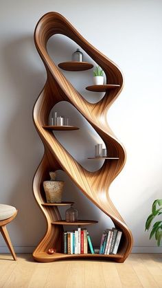 a curved wooden shelf in the corner of a room next to a chair and potted plant