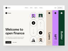 a web page with the words welcome to open finance and images of people in different colors