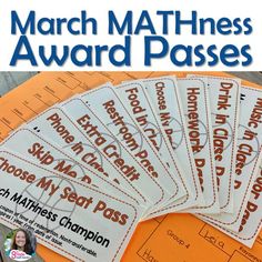 the march math award passes are on top of an orange folder