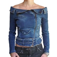 Miss Sixty Off Shoulder Denim Moto Top Rare Miss Sixty Jean Jacket Top With Super Unique Off Shoulder Silhouette! Asymmetrical Zipper Closure, Moto Style Grommet Belt Snatches Your Waist! All Buttons And Zippers Are Engraved With M60 Logo. Very 80s Style! Excellent Condition, Fabric Has Some Stretch! 92.6% Cotton/6.3%Polyester/1.1%Elastane Size Small S Women's Measurements Laying Flat: Shoulders: 16" Chest: 14" Sleeve: 21" Waist: 11.5" Fitted Long Sleeve Denim Biker Jacket, Fitted Denim Biker Jacket With Long Sleeves, Casual Fitted Denim Biker Jacket, Casual Denim Biker Jacket Fitted, Fitted Denim Biker Jacket For Streetwear, Fitted Biker Denim Jacket For Winter, Fitted Punk Denim Jacket With Pockets, Retro Spring Biker Jacket With Zipper Closure, Denim Biker Jacket With Zipper Closure