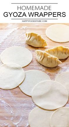 homemade gyoza wrappers are laid out on a wooden table with text overlay