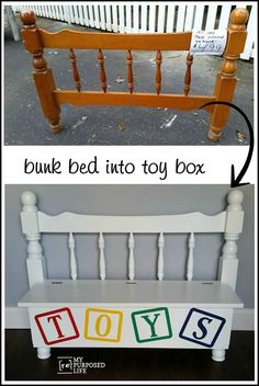 a bench made out of toy blocks with the words toys painted on it and an image of