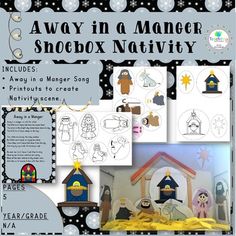 Create your own Away in a Manger Nativity scene. Includes a poster of the song.Pages 5 (colour and black and white images provided)Includes:Away in a Manger Poster3 Wise MenJosephMaryDonkeyManger with JesusStarYear/Grade: K-3 Manger Nativity, Black And White Images, White Images, Black N White Images, Nativity Scene, Christmas Activities, Rice Paper, Sunday School, Christmas Art