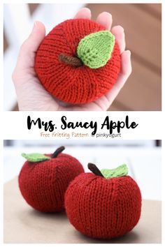 two knitted apples sitting on top of each other with the words, mys saucy apple