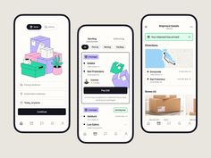 three smartphones displaying different items on the same screen, including boxes and other things