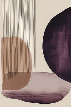 an abstract painting with lines and shapes in purple, brown, beige and white colors