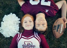 Football player, cheerleader, photography, Hannah Sue Photography, couples Football Field Photoshoot Couple, Football And Cheer Pictures Photo Ideas, Cheer Football Pictures, Football And Cheer Couple Poses, Brother Sister Football Cheer Pictures, Brother Sister Sports Photos, Sibling Football And Cheer Pictures, Football And Cheer Photoshoot, Cheer And Football Pictures Siblings