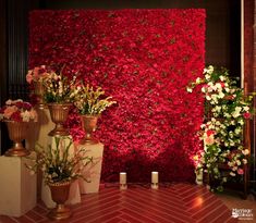 red and white flowers are in vases next to a wall with greenery on it