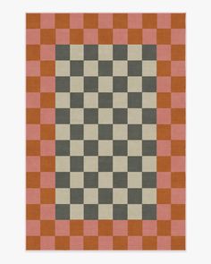 an orange, grey and white checkered rug