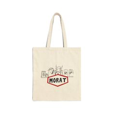 a tote bag with the word'morat'printed in red on it