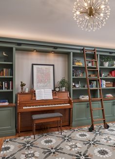 a living room with a piano, bookshelf and ladder in the middle of it