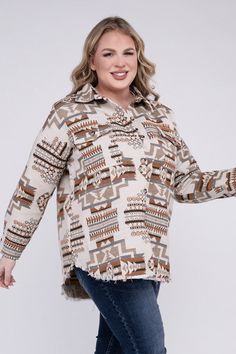 Unleash your Western-inspired style with our Plus Size Aztec Western Shacket. This unique garment combines the rugged charm of a classic shirt with the warmth and versatility of a jacket. The Aztec pattern adds a bold and distinctive flair, giving you a fashion-forward look that stands out. Model is wearing a 1XModel SpecsHeight: 5'8"Bust: 40G Waist: 38.5"Hips: 49" Style: Western Print / Pattern: Aztec Silhouette: Shacket Fit: Regular Embellishment: Chest Pocket Neck Line: Collar Sleeve: Long Sl Aztec Silhouette, Plus Size Western Fashion, Western Shacket, Plus Size Western, Cozy Jacket, Vegan Fashion, Aztec Pattern, Sheer Fabrics, Print Pattern