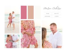 an image of a couple on the beach with pink and white colors in their photos