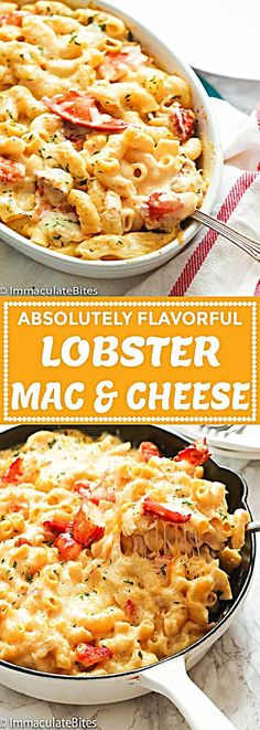 an image of lobster macaroni and cheese casserole with text overlay