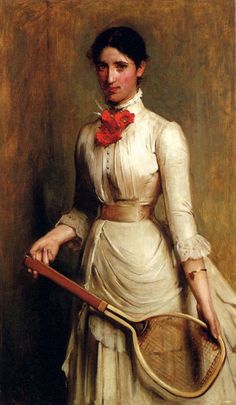 a painting of a woman holding a tennis racquet in her right hand and wearing a white dress