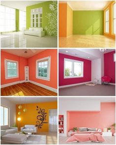 there are four different rooms in the same color scheme, one is pink, green, orange and white