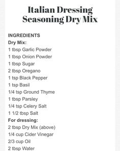 the italian dressing seasoning dry mix is shown in black and white, with instructions on how to use it