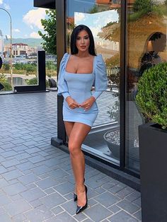 Blue Fitted Mini Dress With Square Neck, Fitted Blue Mini Dress With Square Neck, Blue Fitted Long Sleeve Dress, Fitted Blue Long Sleeve Dress, Blue Short Homecoming Dresses, Homecoming Dresses Sleeves, Dresses With Long Sleeves, Long Sleeve Homecoming Dresses, Short Homecoming Dresses