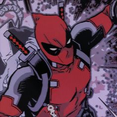 the deadpool character is wearing red and black