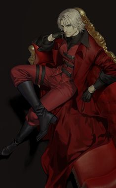 an anime character is sitting on a chair with her legs crossed, wearing black boots and a red coat