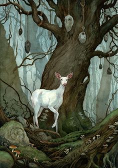 a painting of a white deer standing in the middle of a forest surrounded by trees