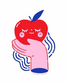 an apple with eyes holding a pink hand