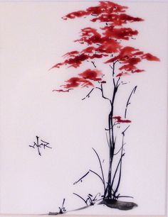 a painting with red flowers on white background