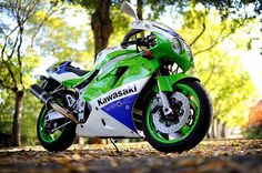 a green, white and blue motorcycle is parked in the leaves on the ground next to some trees