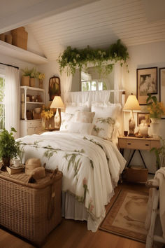 A charming bedroom brimming with cottage appeal, featuring soft textures and floral accents. Cottage House Bedroom Ideas, Cozy White Cottage Bedroom, Cottage Bedrooms Ideas Country, Comfy Cottage Bedroom, Spring Cottage Interior, Cottage Core Small House, Soft Room Decor Ideas, Cozy Home Interior Bedroom, Cottage Homes Bedroom