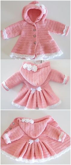 two pictures of pink knitted clothes with white trims