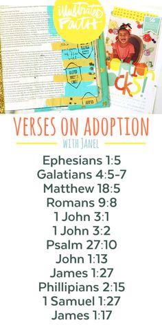 an open bible with the words verses on adoption written in yellow and green lettering