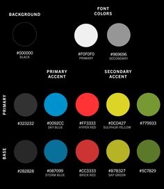 the color scheme for an array of different colors on a black background, including red, green